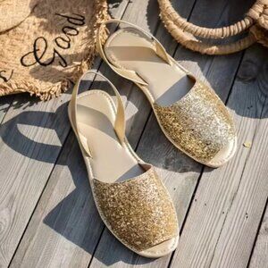 "Gold Glitter Flat Slingback Sandals Open Toe Sparkly Summer Flats"
